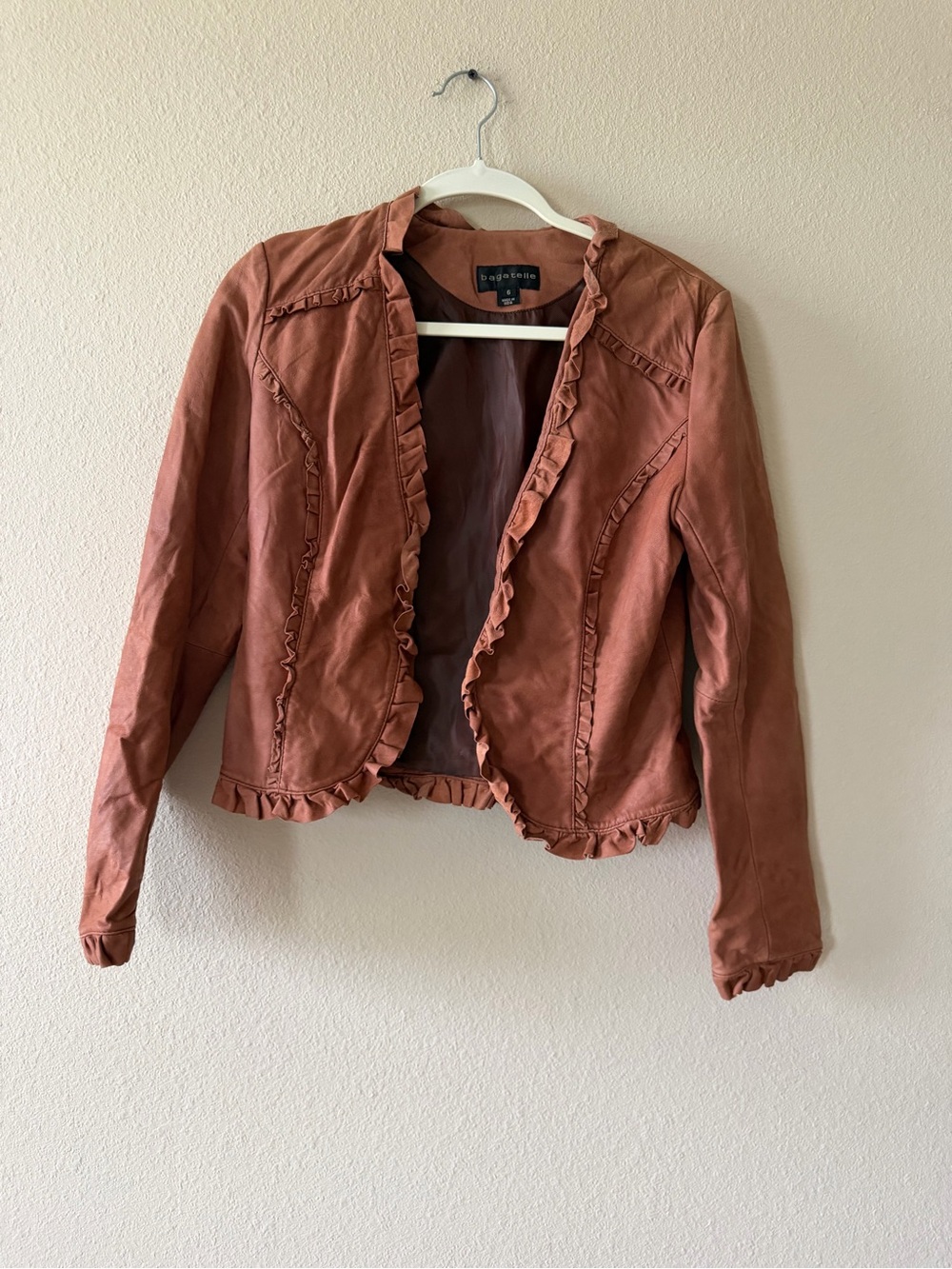 bagatelle Rust Ruffle Trim Leather Jacket
